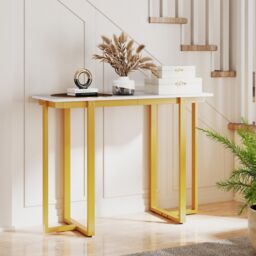 Costway Console Table Modern Faux Marble Entryway Table in White - thumbnail 7