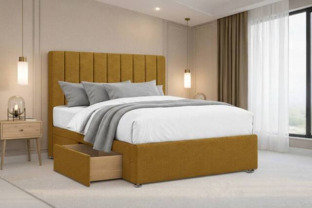 "Chester & Oakley Lunar Plush Divan Bed Base 4 Drawers - 26"" Headboard in Mustard - Size: Double" - image 1