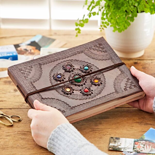 Paper High Indra Chakra Circle Embossed Leather Album with Semi-Precious Stones in Brown - Size: Medium - image 1