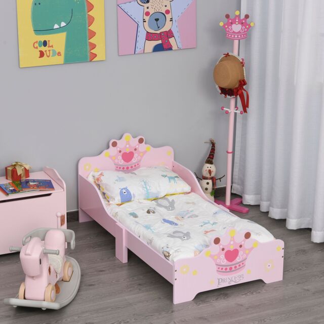 HOMCOM Kids Wooden Princess Crown & Flower Single Bed with Safety Side Rails Slats Pink - image 1