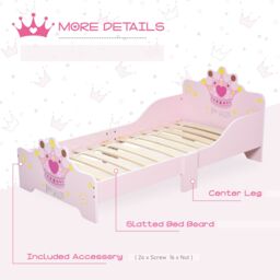 HOMCOM Kids Wooden Princess Crown & Flower Single Bed with Safety Side Rails Slats Pink - thumbnail 4