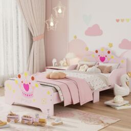 HOMCOM Kids Wooden Princess Crown & Flower Single Bed with Safety Side Rails Slats Pink - thumbnail 2