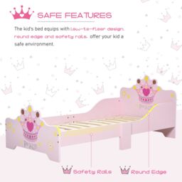 HOMCOM Kids Wooden Princess Crown & Flower Single Bed with Safety Side Rails Slats Pink - thumbnail 6