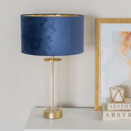 ValueLights Balan Glass with Gold Table Lamp & Velvet with Gold Inner Shade & LED Bulb in Dark Navy - thumbnail 3