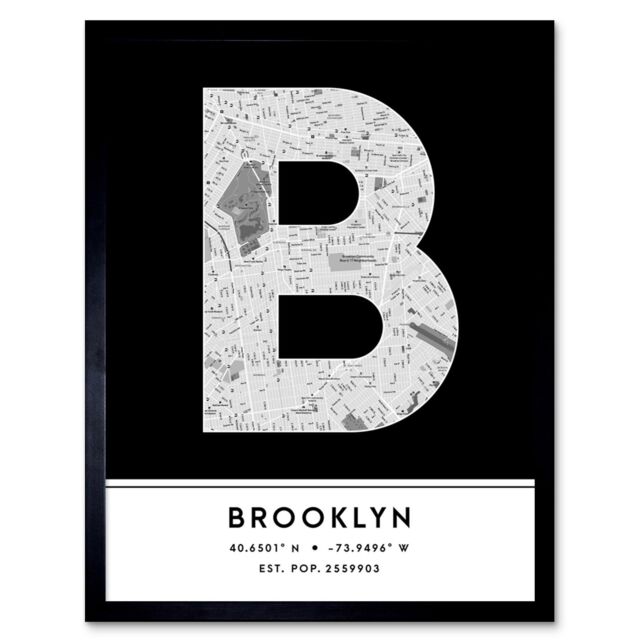 "Wee Blue Coo Wall Art Print Brooklyn New York United States City Map Modern Typography Stylish Letter Framed Word in Black - Size: W12"" x H16""" - image 1