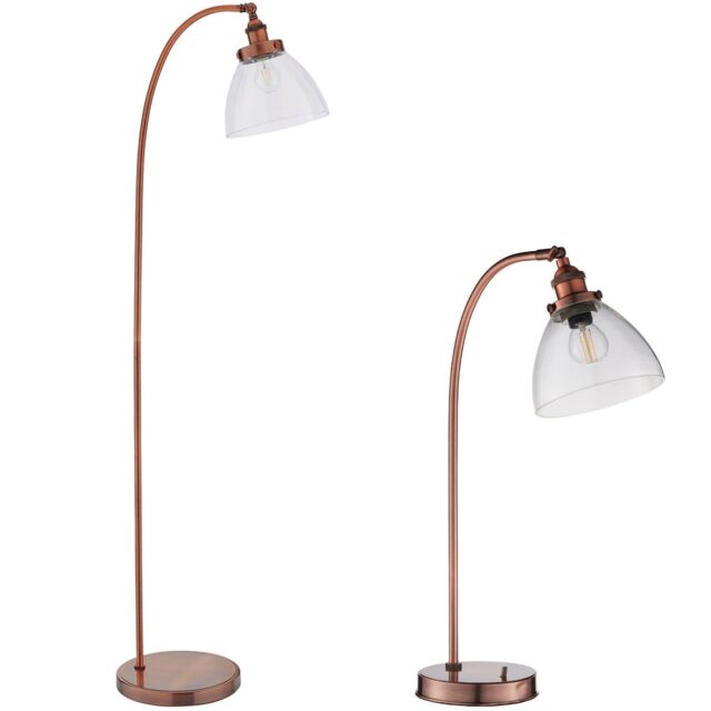 Loops Standing Floor & Table Lamp Set Aged Copper Glass Shade Retro Industrial Light - image 1