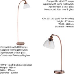 Loops Standing Floor & Table Lamp Set Aged Copper Glass Shade Retro Industrial Light - thumbnail 2