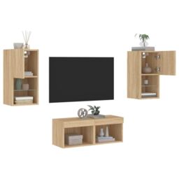 Berkfield Home 4 Piece TV Wall Cabinets with LED Lights Sonoma Oak in Brown - thumbnail 5