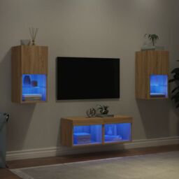 Berkfield Home 4 Piece TV Wall Cabinets with LED Lights Sonoma Oak in Brown - thumbnail 1