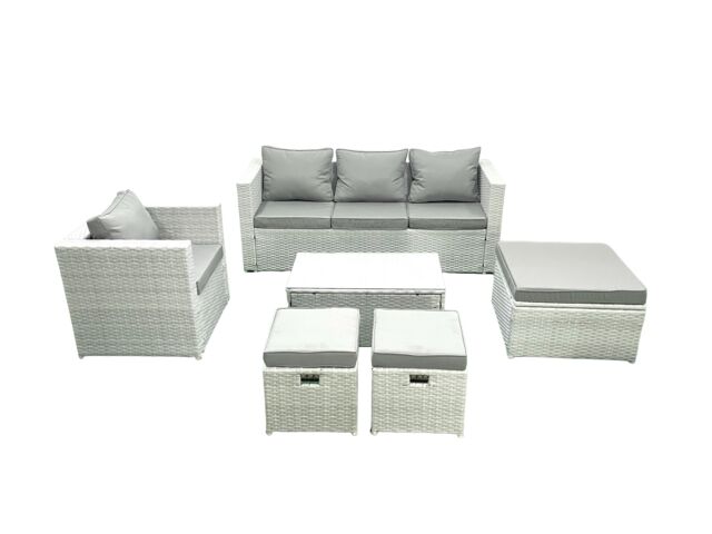 Fimous Rattan Garden Furniture Set with 3 Seater Sofa Chair Rectangular Coffee Table 3 Footstools Light Grey Mixed 6 Seater - image 1