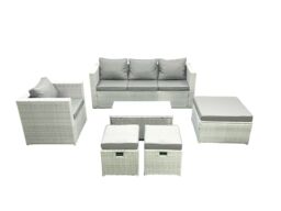 Fimous Rattan Garden Furniture Set with 3 Seater Sofa Chair Rectangular Coffee Table 3 Footstools Light Grey Mixed 6 Seater - thumbnail 2