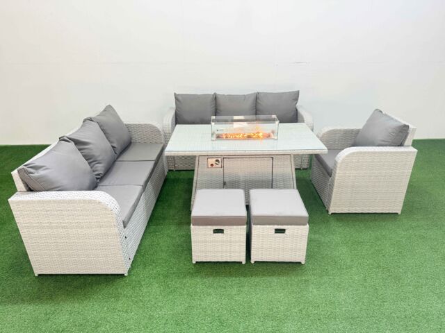 Fimous 9 Seater Poly Rattan Outdoor Garden Furniture Firepit Dining Table Sofa Set Patio 3 Seater Sofa Reclining Chair 3 Seater Sofa Stools Light Grey - image 1