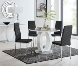 FurnitureboxUK Giovani Round 4 Seat 100cm White High Gloss Halo Base Grey Glass Top Dining Table 4 Soft Faux Leather Silver Leg Milan Chairs in Black - thumbnail 1