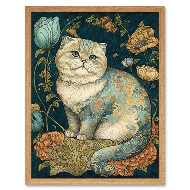 "Artery8 Wall Art Print William Morris Inspired Cute Cat with Floral Pattern Fur & Flowers Colourful Modern Art Framed in Light Oak - Size: W12"" x H16""" - image 1