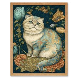 "Artery8 Wall Art Print William Morris Inspired Cute Cat with Floral Pattern Fur & Flowers Colourful Modern Art Framed in Light Oak - Size: W12"" x H16""" - thumbnail 1