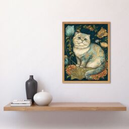 "Artery8 Wall Art Print William Morris Inspired Cute Cat with Floral Pattern Fur & Flowers Colourful Modern Art Framed in Light Oak - Size: W12"" x H16""" - thumbnail 2