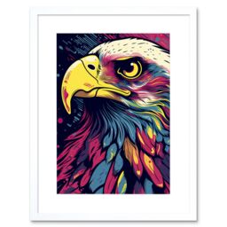 "Artery8 Wall Art Print Bald Eagle Linocut Portrait Colourful Feathers USA Symbol Modern Pop Artwork Framed 9X7 Inch in White - Size: W7"" x H9""" - thumbnail 1