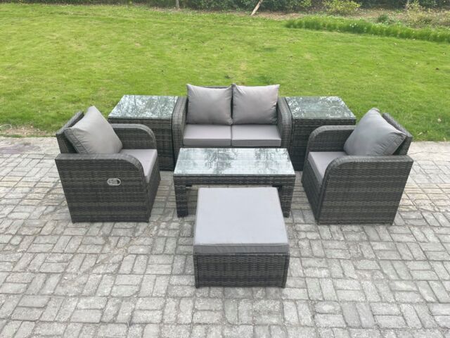 Fimous Rattan Lounge Sofa Set 7 PCS Outdoor Garden Furniture Set with Rectangular Coffee Table Love Sofa 2 Side Tables in Dark Grey - image 1