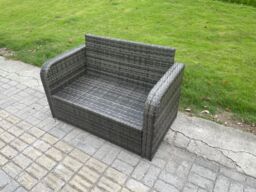 Fimous Rattan Lounge Sofa Set 7 PCS Outdoor Garden Furniture Set with Rectangular Coffee Table Love Sofa 2 Side Tables in Dark Grey - thumbnail 5
