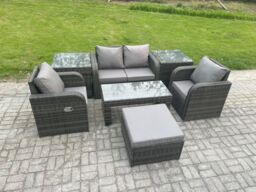Fimous Rattan Lounge Sofa Set 7 PCS Outdoor Garden Furniture Set with Rectangular Coffee Table Love Sofa 2 Side Tables in Dark Grey - thumbnail 2