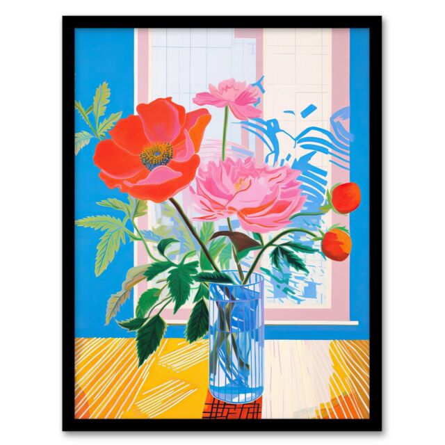 Wee Blue Coo Wall Art Print Formidable Florals Acrylic Painting Wildflowers in Glass Vase Vibrant Blue Orange Pink Art Framed - Size: A4 - image 1