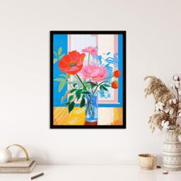 Wee Blue Coo Wall Art Print Formidable Florals Acrylic Painting Wildflowers in Glass Vase Vibrant Blue Orange Pink Art Framed - Size: A4 - thumbnail 4