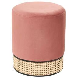 Wyld and Coco Pink Velvet Pouffe with Natural Rattan Weave Base - Boho Round Ottoman - thumbnail 2