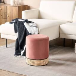 Wyld and Coco Pink Velvet Pouffe with Natural Rattan Weave Base - Boho Round Ottoman - thumbnail 1