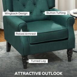 HOMCOM Accent Chair Wingback Armchair Tufted Club Wood Fabric, Dark Green - thumbnail 4