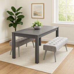 KOSY KOALA Dark Grey Arrow Design Dining Table Set with 2 Grey Velvet Benches in Brown