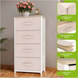 VOGREX White Steel Frame 4 Fabric Drawer Bedroom Storage Chest in Cream - thumbnail 5