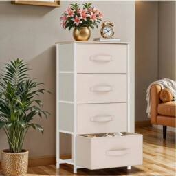 VOGREX White Steel Frame 4 Fabric Drawer Bedroom Storage Chest in Cream - thumbnail 2