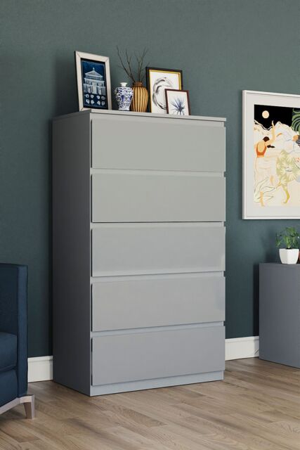 Home Discount Vida Designs Glinton 'HIGH GLOSS 5 Drawer Chest of Drawers' Storage Bedroom Furniture in Grey - image 1