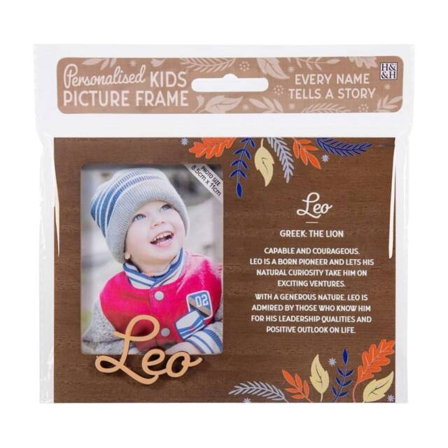 History & Heraldry Personalised Kids Wooden Picture Frame - Leo in Brown
