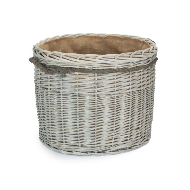 Red Hamper Medium Wicker Grey Wash Round Hessian Lined Log Basket - image 1