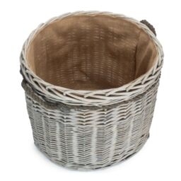 Red Hamper Medium Wicker Grey Wash Round Hessian Lined Log Basket - thumbnail 2