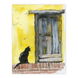 "Artery8 Black Cat Lover Village House Door Watercolour Wall Art Print in Yellow - Size: W18"" x H24""" - thumbnail 1