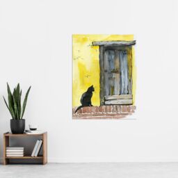 "Artery8 Black Cat Lover Village House Door Watercolour Wall Art Print in Yellow - Size: W18"" x H24""" - thumbnail 4