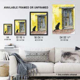 "Artery8 Black Cat Lover Village House Door Watercolour Wall Art Print in Yellow - Size: W18"" x H24""" - thumbnail 3