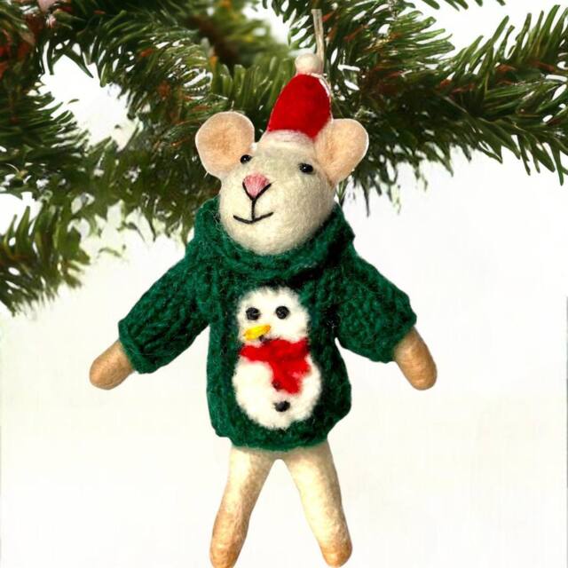 Animal Crackers Felt Mouse Hand Knitted Green Snowman Jumper Hanging Tree Decoration - image 1