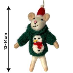 Animal Crackers Felt Mouse Hand Knitted Green Snowman Jumper Hanging Tree Decoration - thumbnail 2