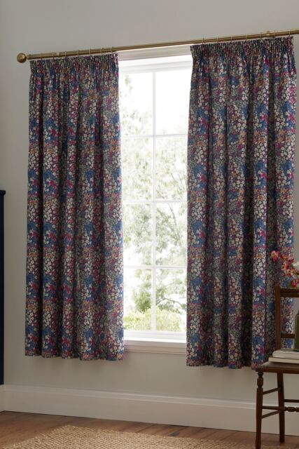 Dreams & Drapes 'Bessie' -Floral Print Lined Pair of Pencil Pleat Curtains With Tie-Backs in Navy - Size: 168 cm width x 183 cm drop - image 1
