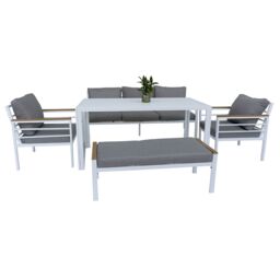 Shatchi Aluminium Garden Furniture Set 6 Seater Black Outdoor Patio Sofa Set - Sofa, Dining Table, Bench, Armchairs in Grey - thumbnail 2