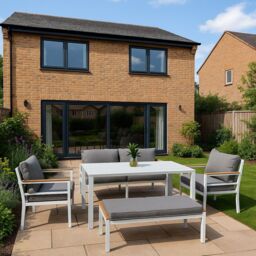 Shatchi Aluminium Garden Furniture Set 6 Seater Black Outdoor Patio Sofa Set - Sofa, Dining Table, Bench, Armchairs in Grey - thumbnail 3