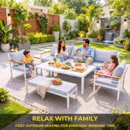 Shatchi Aluminium Garden Furniture Set 6 Seater Black Outdoor Patio Sofa Set - Sofa, Dining Table, Bench, Armchairs in Grey - thumbnail 9