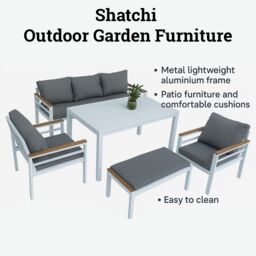 Shatchi Aluminium Garden Furniture Set 6 Seater Black Outdoor Patio Sofa Set - Sofa, Dining Table, Bench, Armchairs in Grey - thumbnail 7
