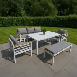 Shatchi Aluminium Garden Furniture Set 6 Seater Black Outdoor Patio Sofa Set - Sofa, Dining Table, Bench, Armchairs in Grey - thumbnail 1