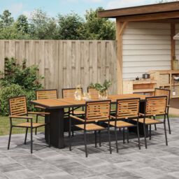 Berkfield Home 9 Piece Garden Dining Set Black Poly Rattan Acacia - thumbnail 4