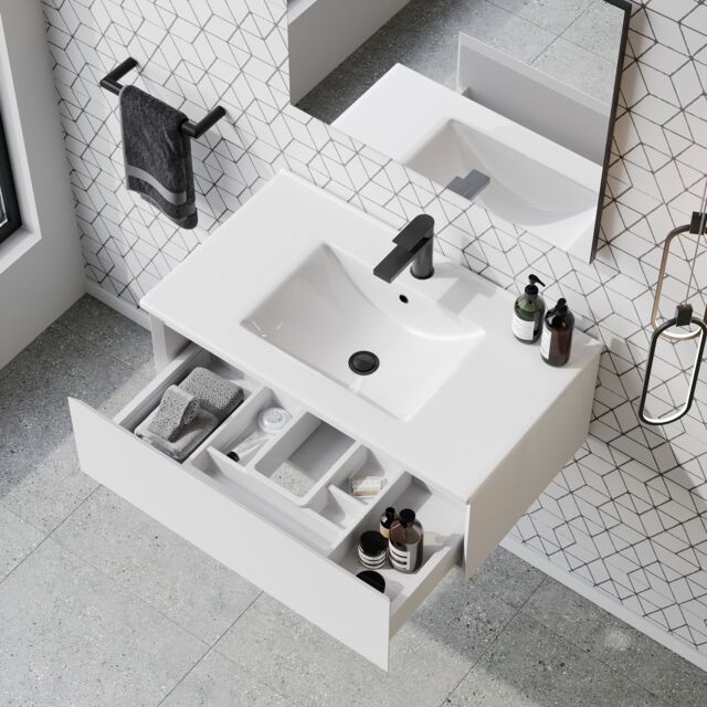 Banyetti Kameo 800mm WallHung 1 Drawer Vanity Unit with Lira Basin-Matt White - image 1