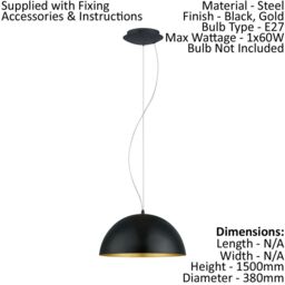 Loops Pendant Ceiling Light Steel Black Outer Gold Inner Shade Bulb E27 1x60W - thumbnail 2